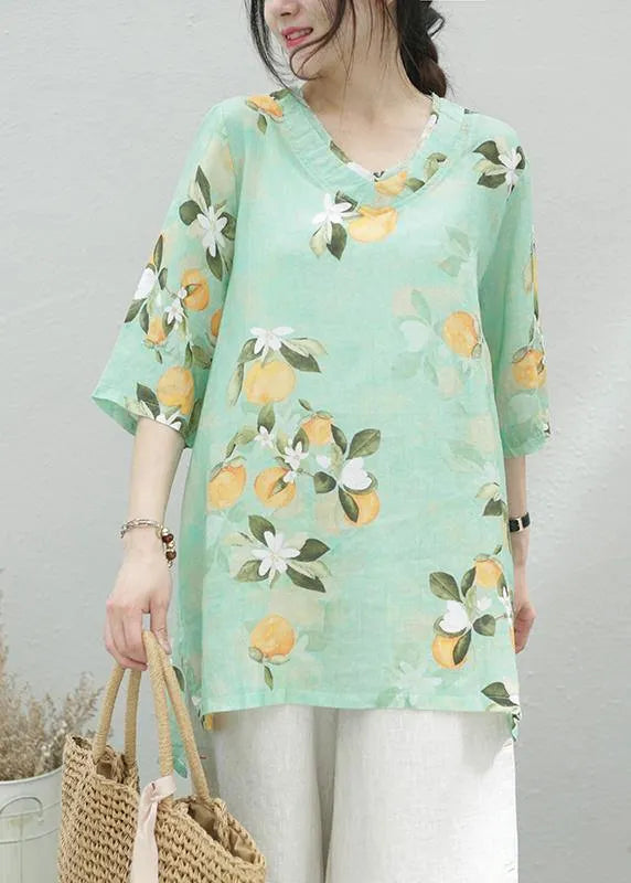 Green Print Linen Tunic Top O Neck Half Sleeve Oversized Summer Shirt