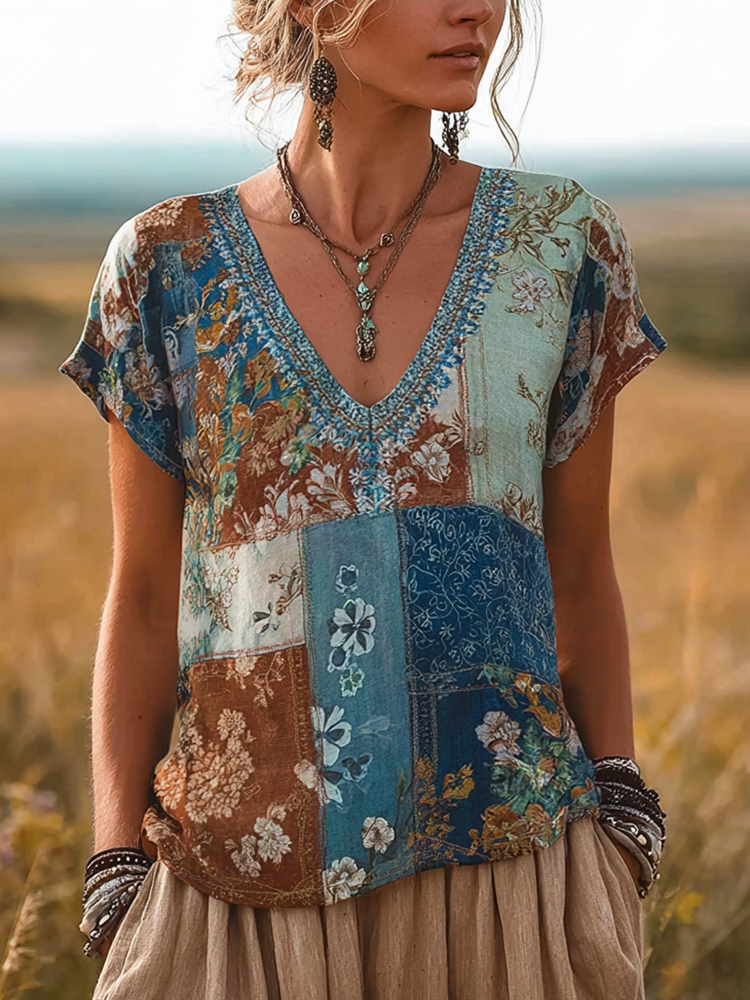 Bohemian Style Plant And Flower Pattern Women's Cotton And Linen T-shirt elevenforest