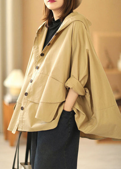 Khaki Bat Wing Sleeve Patchwork Fall Hooded Coat