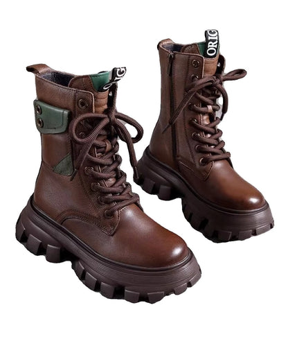 Splicing Platform Boots Black Cowhide Leather Lace Up