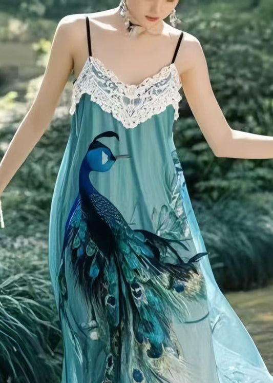 Peacock Blue Print Chiffon Beach Dress Summer