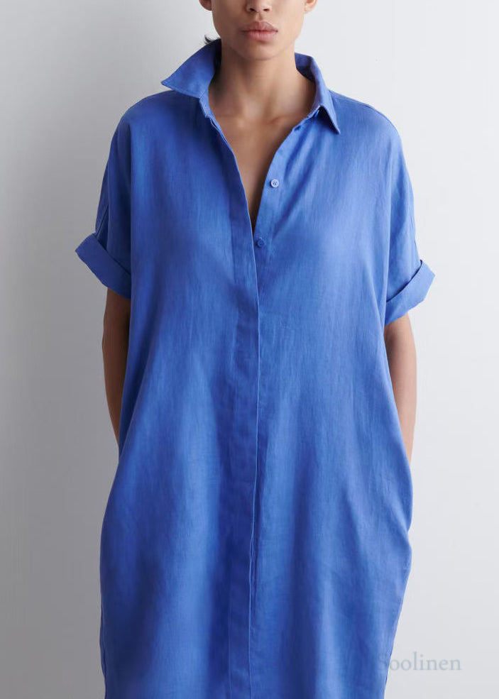 Blue Peter Pan Collar Linen Straight Dresses Summer
