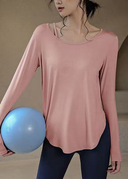 Loose Blue O-neck Patchwork Yoga Top Fall
