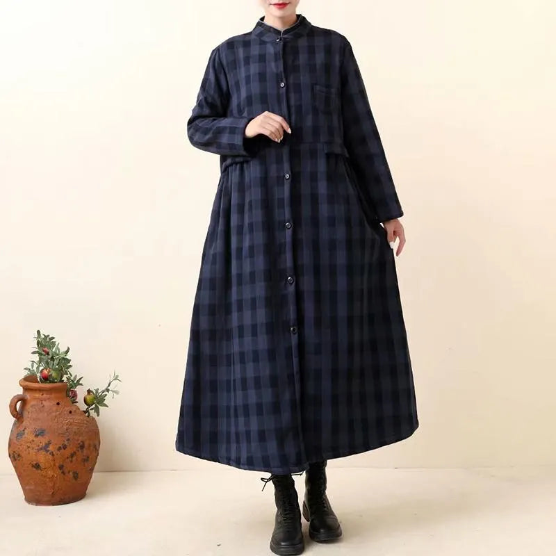 Thick Retro Cotton Linen Plaid Long Coat Dress