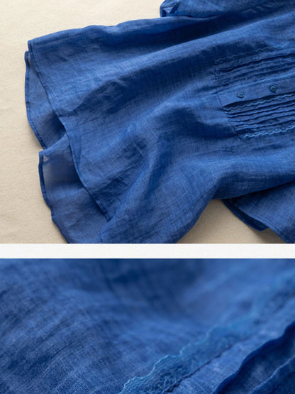Color Short Sleeve Linen Pleated Top