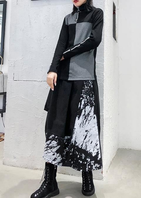 Black Print Cotton Skirt Pockets Short Dress