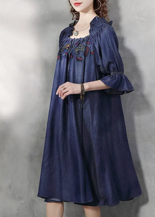 Simple Denim Blue Wrinkled Ruffled Embroideried Cotton Silk Dress Lantern Sleeve