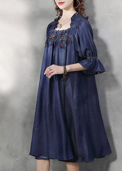 Simple Denim Blue Wrinkled Ruffled Embroideried Cotton Silk Dress Lantern Sleeve