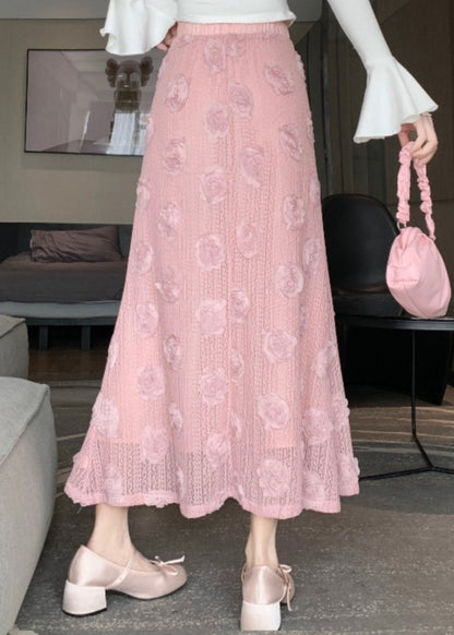 French Pink Decorated High Waist Cotton Skirt Spring