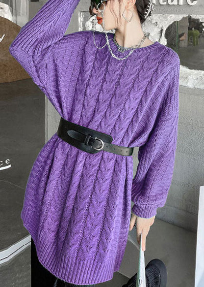 Purple O-neck Cable Knit Sweaters Loose Fall Sweater