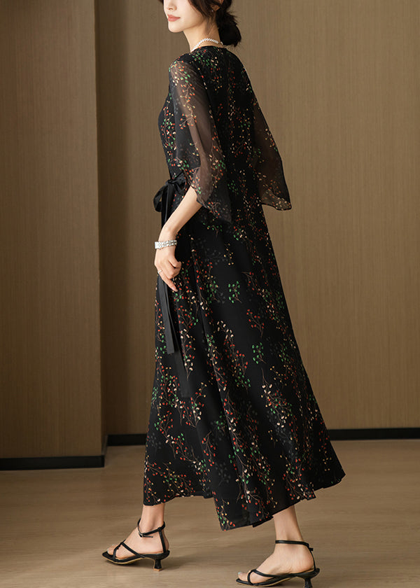 New Black V Neck Print Chiffon Long Dresses Bracelet Sleeve