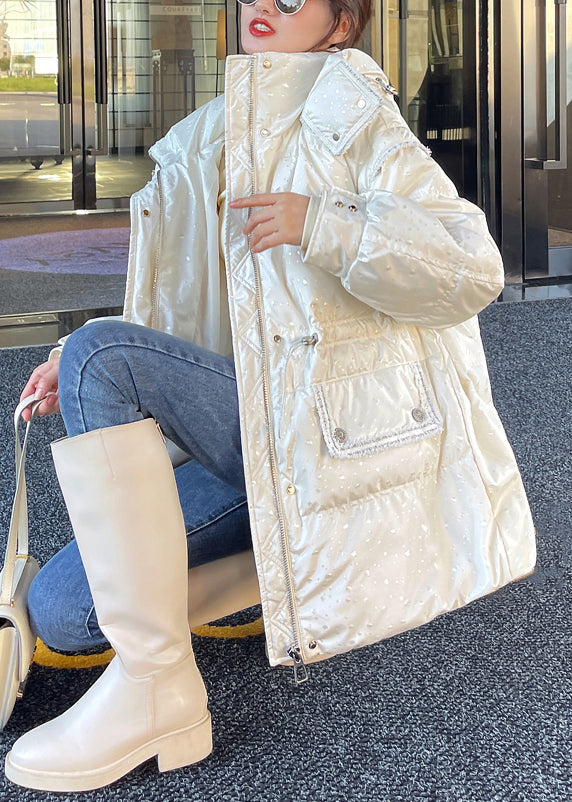 Beige Hooded Drawstring Patchwork Detachable Sleeve Duck Down Puffer Coat Winter