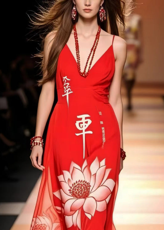 Red Lotus Print Chiffon Cami Dresses Summer