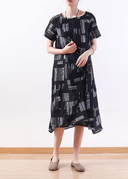 Black Linen Clothes Tie Waist Long Summer Prints Dresses
