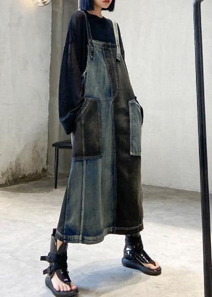100% Denim Black Cotton Quilting Clothes Sleeveless Pockets Maxi Dresses