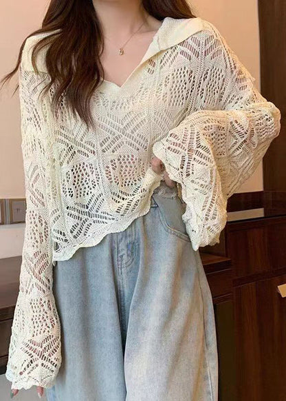 Stylish Apricot Peter Pan Collar Hollow Out Knit Top Summer
