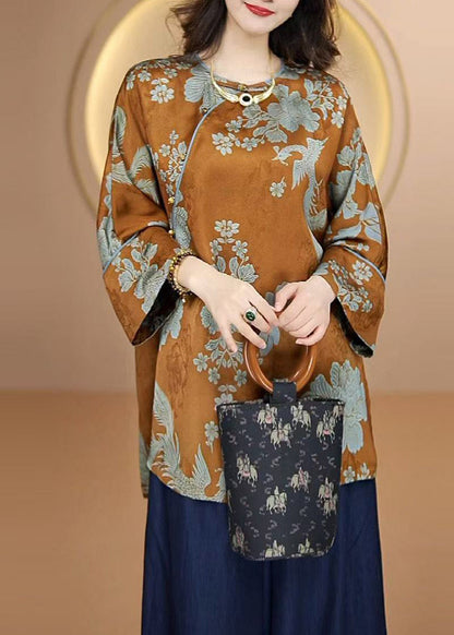 Navy O Neck Print Silk Shirt Tops Fall