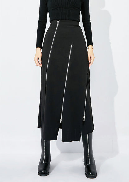Slim Fit Black High Waist Zippered Side Open a Line Skirt Summer
