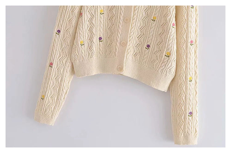 Flower Embroidery Round Neck Knitted Sweater Cardigan Coat 7303