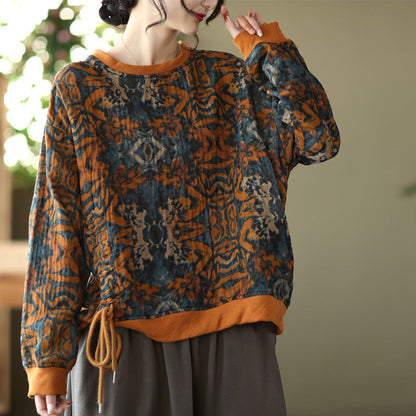Large Size Slim Round Neck Printed Retro Loose Sweater