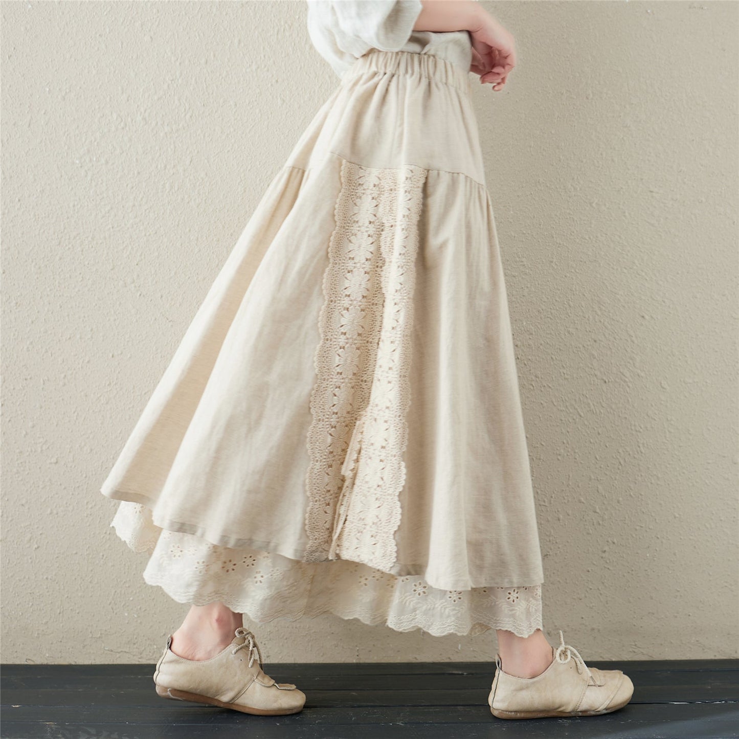 Retro Linen Hollow Embroidery Skirt