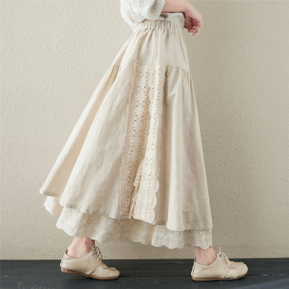 Retro Linen Hollow Embroidery Skirt