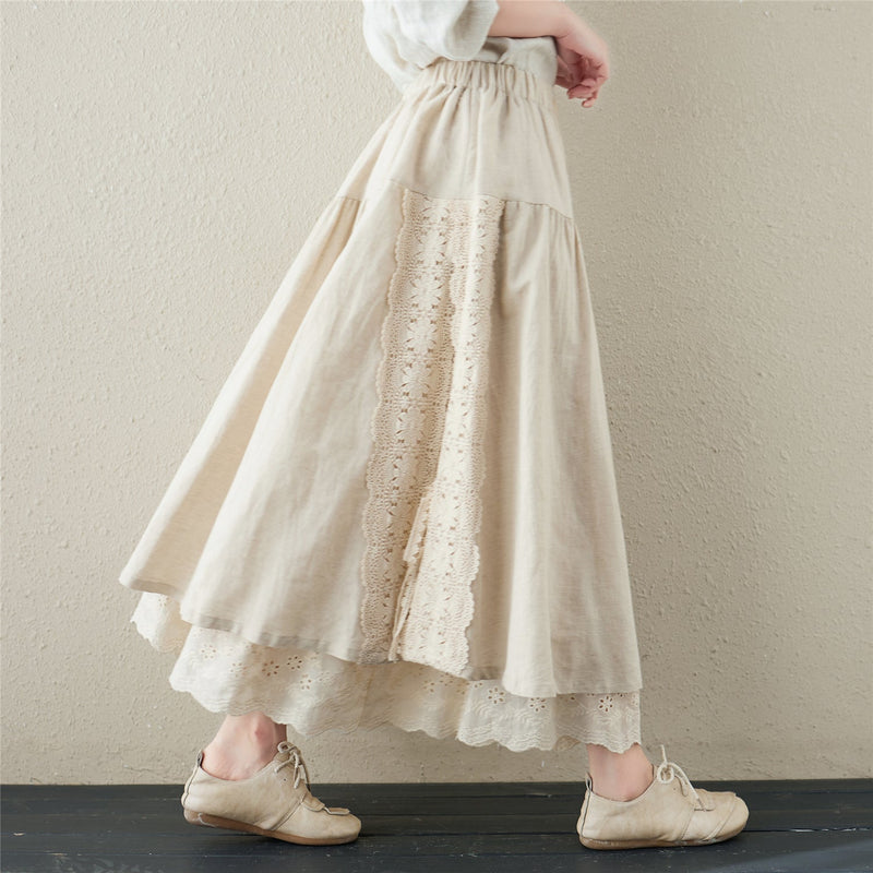 Retro Linen Hollow Embroidery Skirt