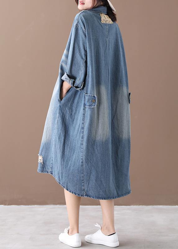 Lapel Hole Outfit Shape Denim Blue Dresses