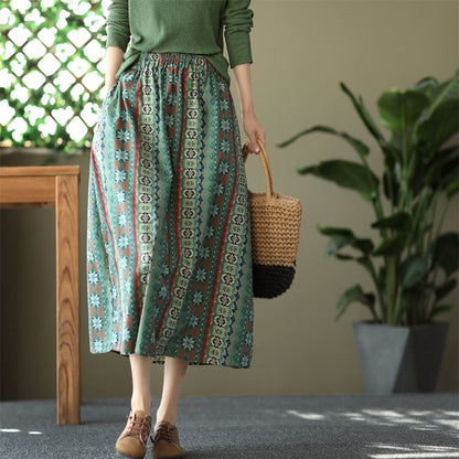 Retro Print Cotton Linen A-line Skirt