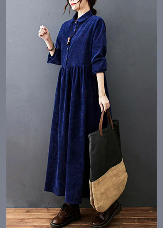 Style Navy Peter Pan Collar Button Corduroy Long Dress