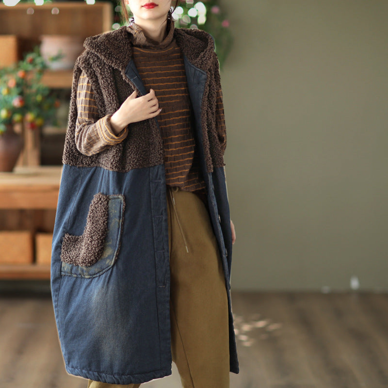 Lamb Wool Panel Denim Mid-length Vest Jacket