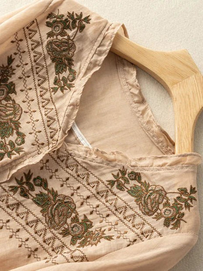 Embroidered Crew Neck 3/4 Sleeve Linen Top