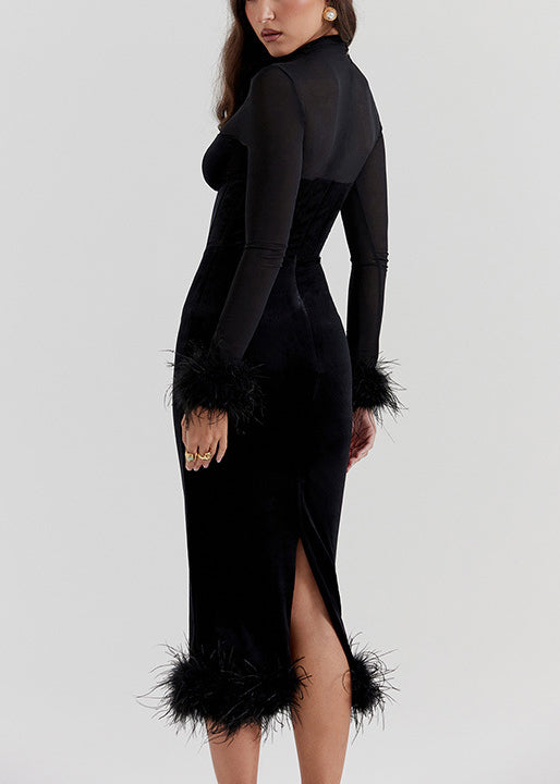 Black Patchwork Silk Velvet Dinner Dress