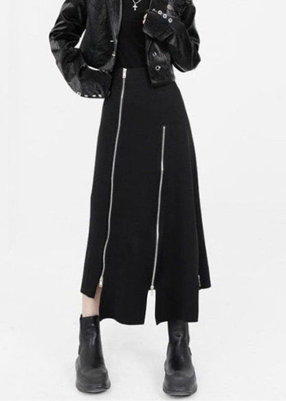 Black Asymmetrical Zippered Cotton Skirts Summer