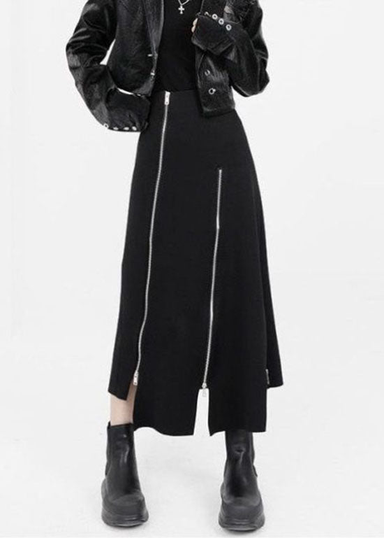 Black Asymmetrical Zippered Cotton Skirts Summer