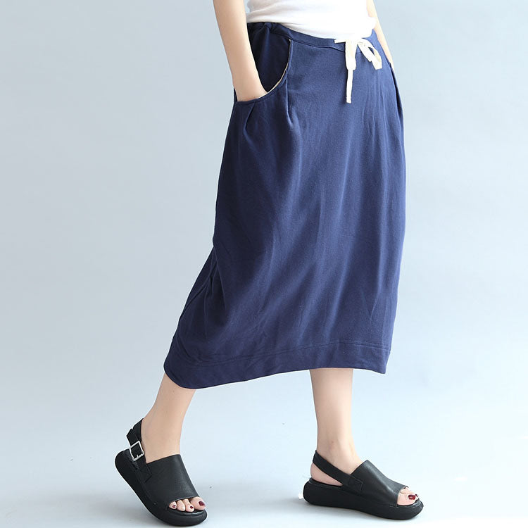 Dark Blue Knitting Cotton Skirts Elastic Waist Beach Skirts