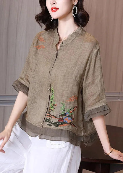 Pink Stand Collar Embroidered Button Linen Shirt Half Sleeve