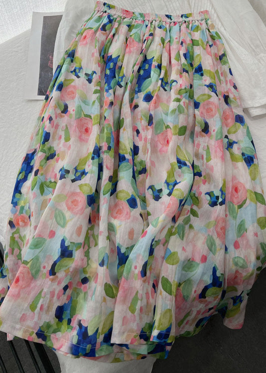 Pink Print Wrinkled Patchwork Linen Skirts Summer