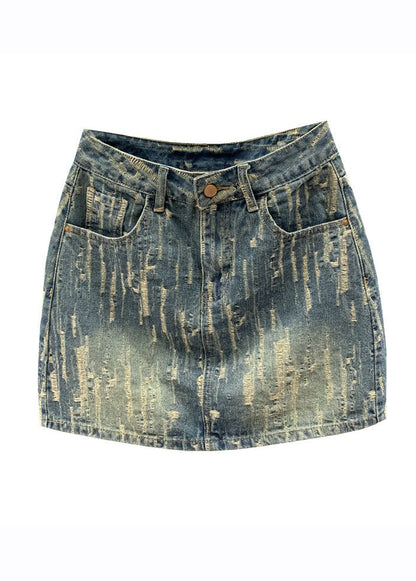 Denim Blue Pockets Patchwork High Waist Cotton a Line Skirt