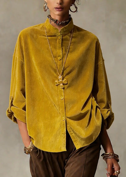 Simple Yellow Stand Collar Button Shirts Spring