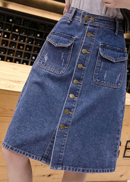 Simple Blue Pocket Button Cotton Denim Wraped Skirt Cozy