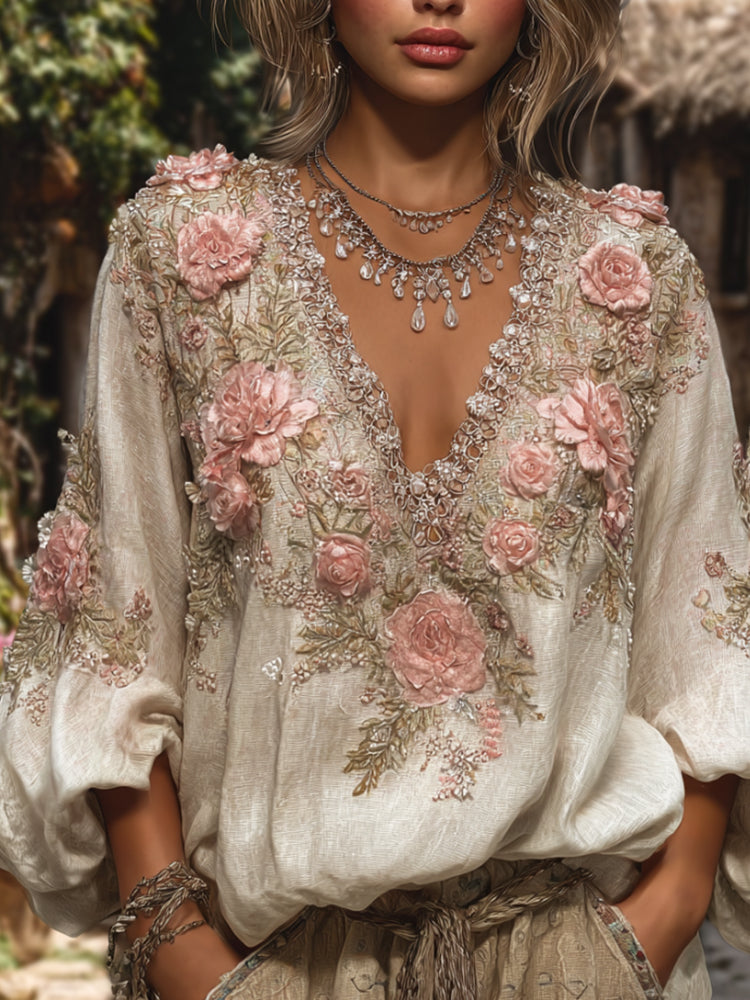 Women's Diamond-encrusted Flower V-neck Long-sleeved Shirt elevenforest
