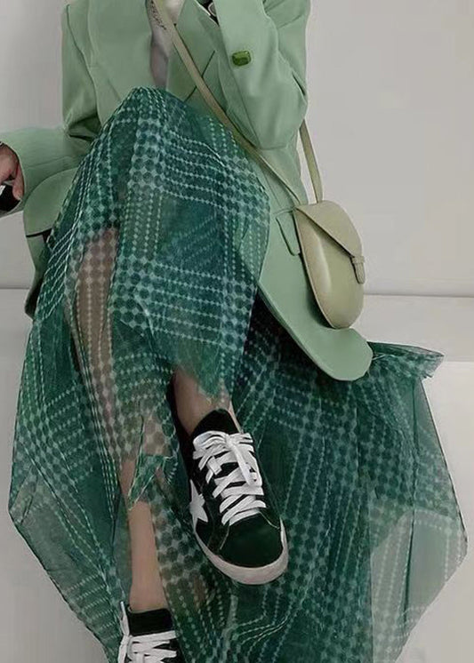 Green Plaid Asymmetrical High Waist Patchwork Tulle Skirts Summer