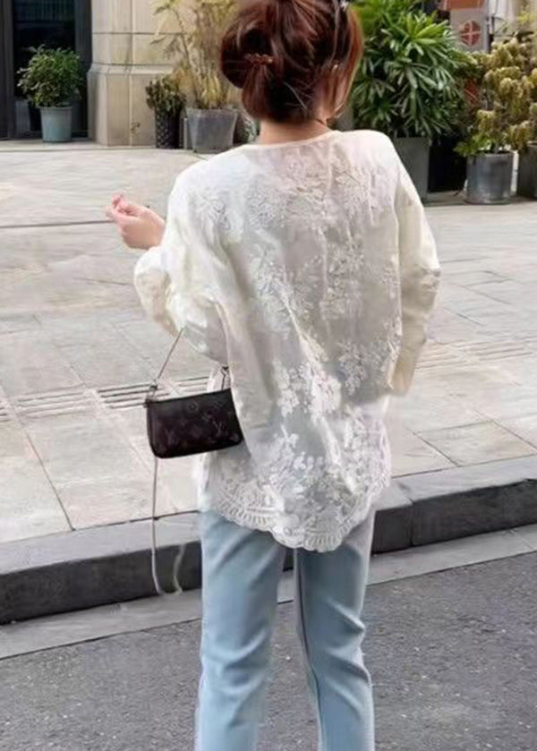 Beige O-neck Button Jacquard Chiffon Blouse Tops Spring