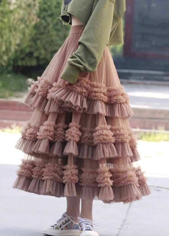 Pink Ruffled High Waist Tulle Skirt Spring