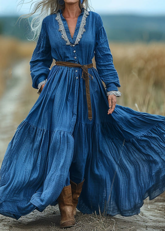 Blue V Neck Wrinkled Patchwork Cotton Long Dresses Spring