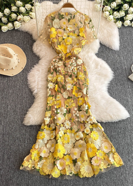 Fitted Yellow Embroidered Tulle Long Dresses Short Sleeve