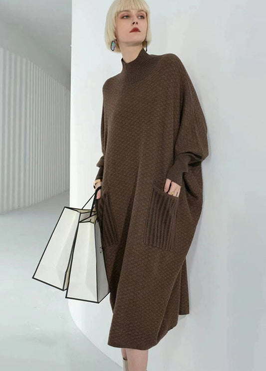 Coffee Turtle Neck Patchwork Pockets Wool Sweater Dress Long Sleeve