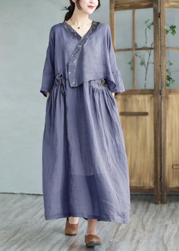 Retro Navy V Neck Patchwork Linen Top and Maxi Skirts Two Pieces Set Summer