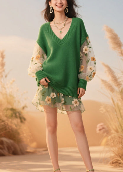 Green V Neck Tulle Patchwork Knit Sweaters Fall